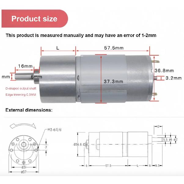 JGB37-555 High Torque Low Speed 12V Electric DC Gear Motor Micro 24V 555 Dc Gearbox Reduction Motor Geared Motor for Robot Arm