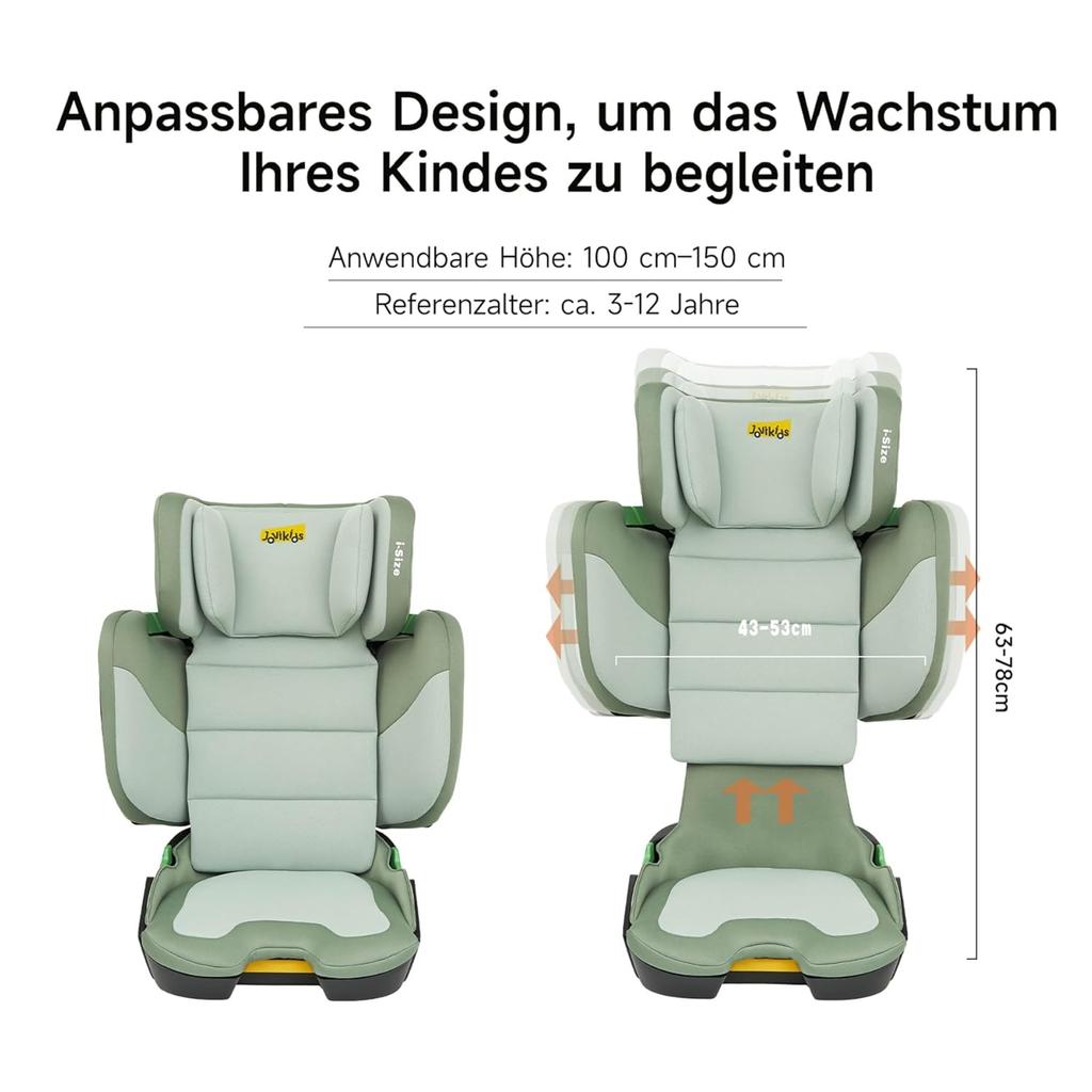 Jovikids Foldable Child Seat with ISOFIX, i-Size R129 Car Seats approx 3-12 Years (100-150cm), Booster Seat with Backrest, Suitable for Travel (Green)