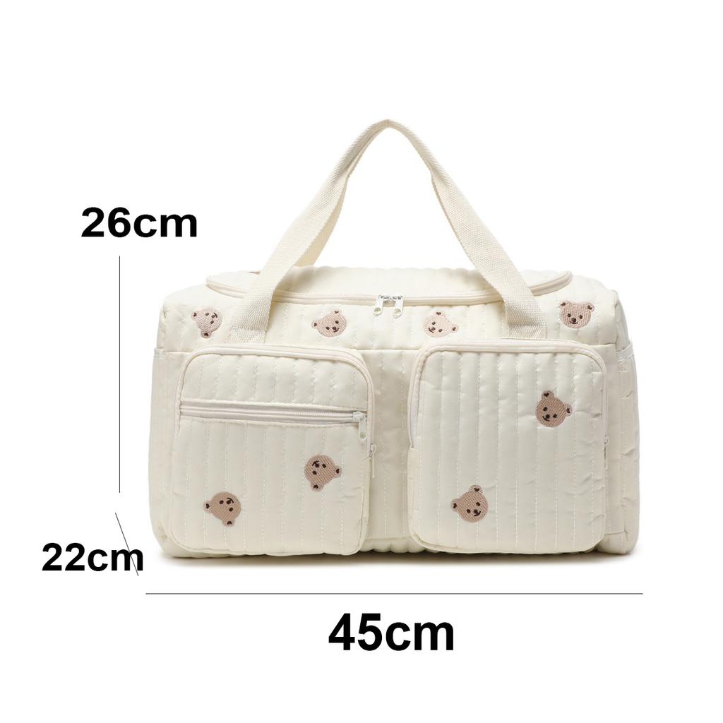 Baby Diaper Bag Cute Bear Flower Embroidery Pattern Mommy Bag Baby Beige Cotton Fabric Zipper Diaper Handbag New Luggage Bag