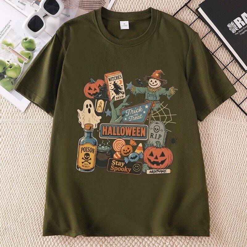 Halloween TShirt Unisexs Spooky Season Graphic Tee Pumpkin Ghost Scarecrow TShirt Cotton Short Sleeve Loose Tees