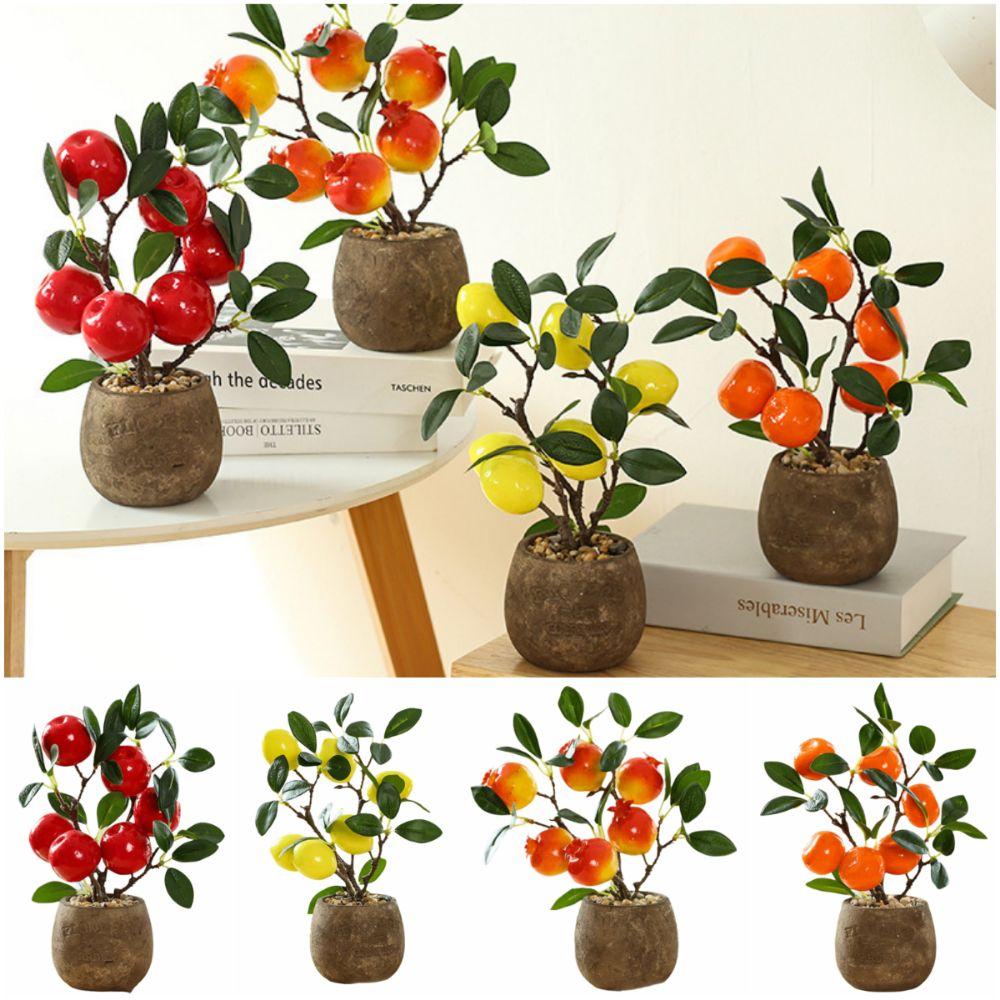 Mehrfarbige künstliche Früchte Bonsai Grauer Blumentopf Granatapfel Zitrone Orange Schreibtisch-Dekoration Grüne Blätter Wasserdicht