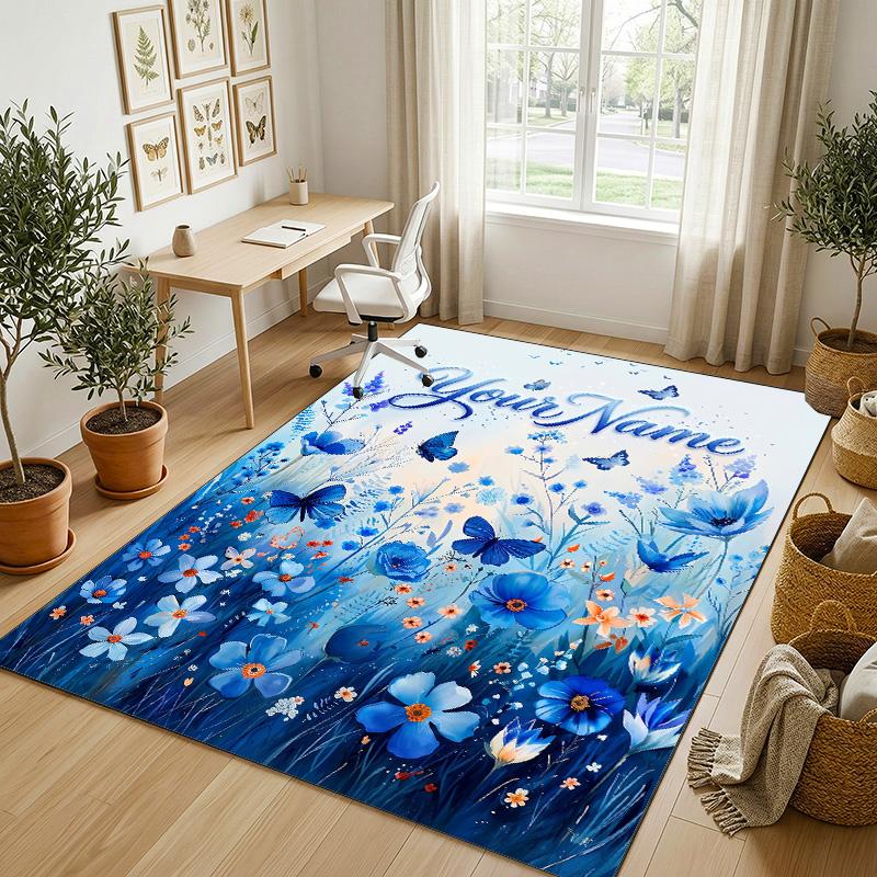 Butterfly Theme Crystal Velvet Rug Personalized Custom Name Text Soft Floor Mat Home Decor