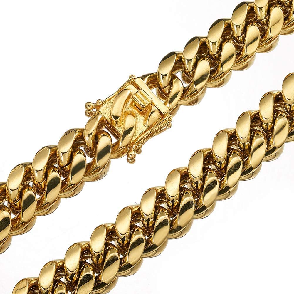 Rockyu Stainless Steel Gold 18k Gold Plated Curb Chain Stylish Hip Hop Popular Accessory Men's Necklace, Style,