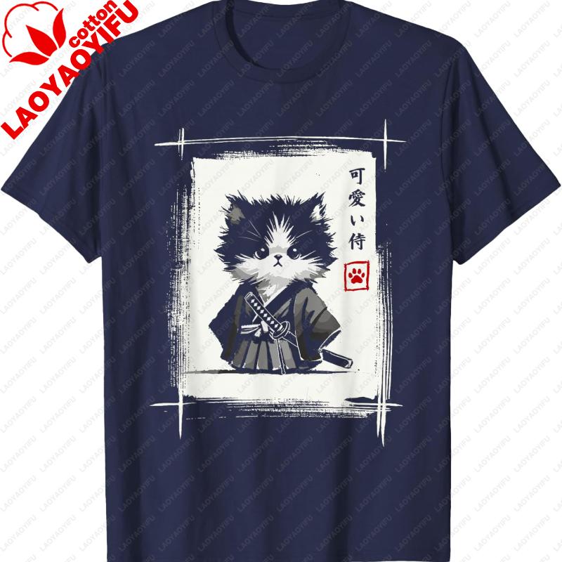 Harajuku Samurai Japanese Art Sumie Novelty Kawaii Funny Cat Unisex TShirt Lovely Printed Tshirt Tops Regular Short Sleeve