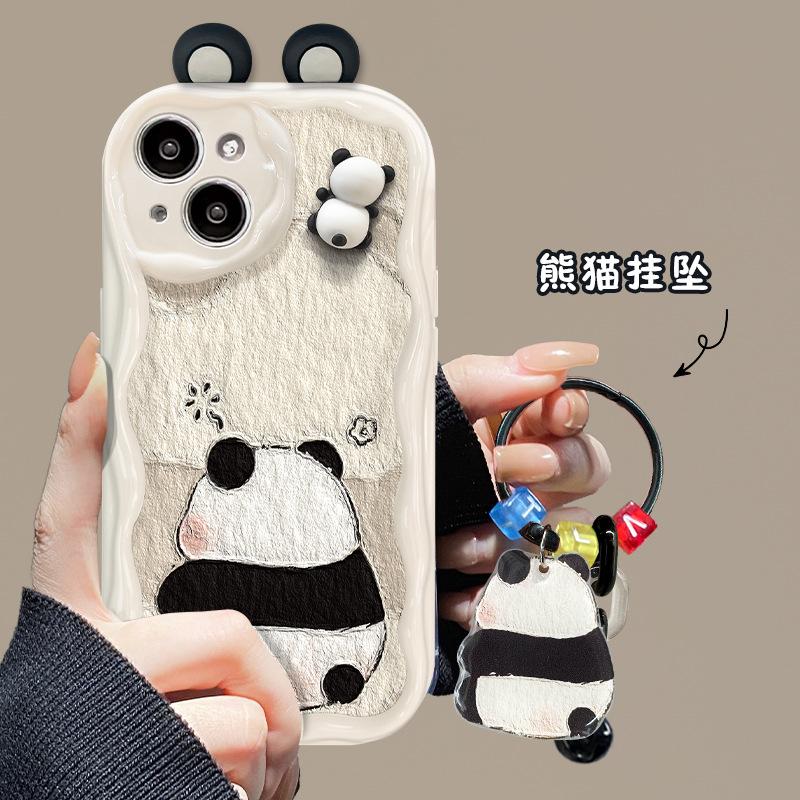 Applicable to Apple 17promax mobile phone case iPhone15 cute cartoon panda doll bracket pendant 16 silicone