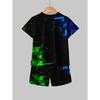 Boys' 3D Print Casual T-Shirt and Shorts Set - Black with Green Geometric Pattern, Short Sleeve