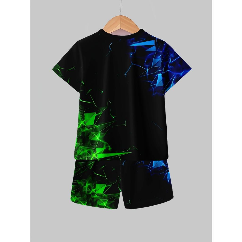 Boys' 3D Print Casual T-Shirt and Shorts Set - Black with Green Geometric Pattern, Short Sleeve