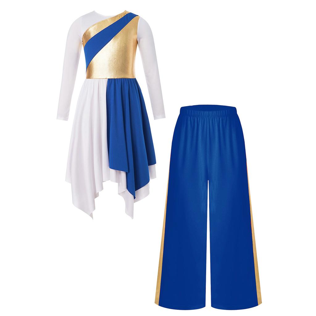 Girls Worship Dance Outfit Lyrical Performance Costume Set Metallic Asymmetrical Dress and Long Sleeve Wide Leg Pants