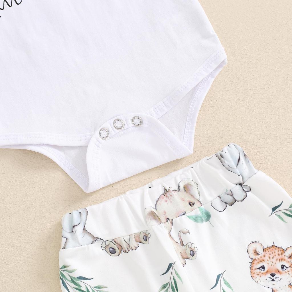 Baby Boys Girls Summer Outfits 3 6 Months Short Sleeve Animal Print Romper + Pants + Headband + Hat Set Infant Clothes