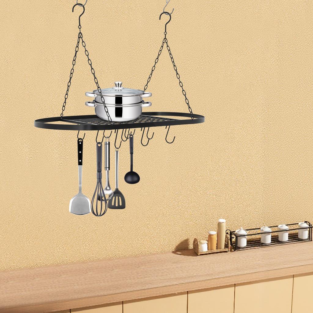 Porta pentole da appendere, Gancio per utensili da cucina, Larghezza ripiano 32" con 9 ganci, Carico massimo 55 libbre, Organizzatore da parete resistente in ferro per pentole da cucina