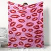 Pink Background Red Lip Print Kiss Mark Seamless Flannel Throw Blanket, Soft Warm Sofa Cover, Romantic Valentines Bedroom Decor