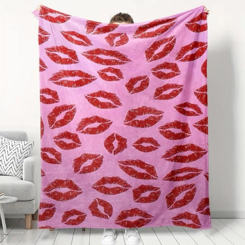 Pink Background Red Lip Print Kiss Mark Seamless Flannel Throw Blanket, Soft Warm Sofa Cover, Romantic Valentines Bedroom Decor