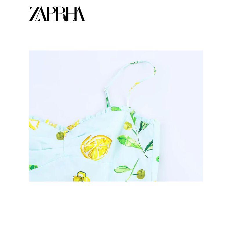 Zaprha 2025 New Arrival Casual Summer Lemon Printing Cotton Poplin Waist Trimming Spaghetti Straps Dress 3454347