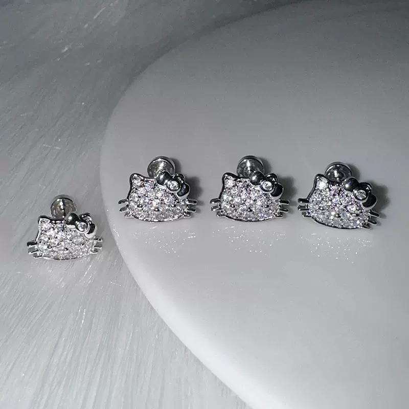 Sanrio Hello Kitty Full Diamond Ear Studs Kawaii Cartoon Cute Anime Earrings Simple All-Match Earring For Girl Jewelry Gifts