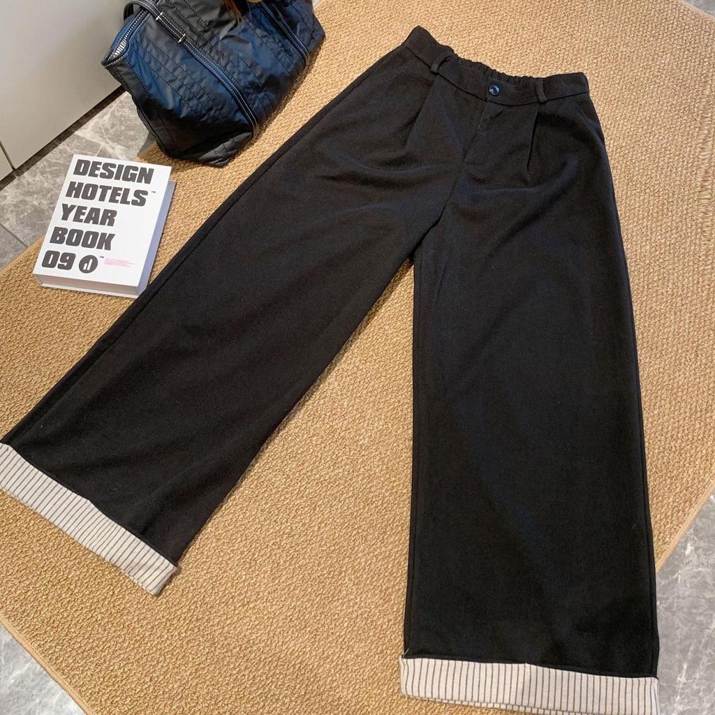 Women's Plus Size High-Waisted Wide-Leg Wool Pants - Loose, Cuffed, and Thickened for Autumn/Winter