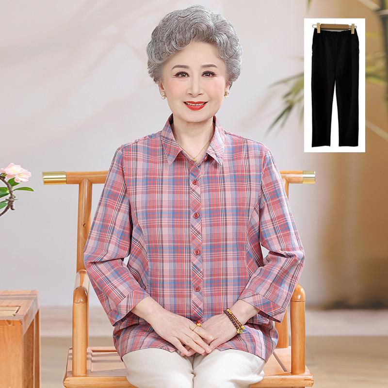Mid-Length Pure Cotton Shirt for Elderly Women - Three-Quarter Sleeve Top for Spring/Summer