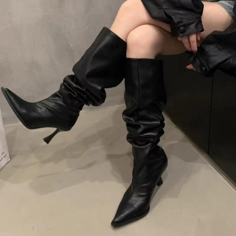 Fashion Fashion Pleated Stack Boots Autumn New Pointed Toe Splice Sleeve Non-Slip Wear-Resistant Stiletto Heel Tall Boots