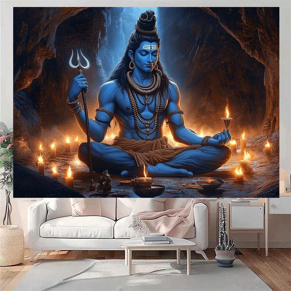 Lord Shiva Wall Tapestry Meditation Cave Poster Hindu God Decor Trishul Energy Art Wall Hanging Yoga Temple Altar Room Gift