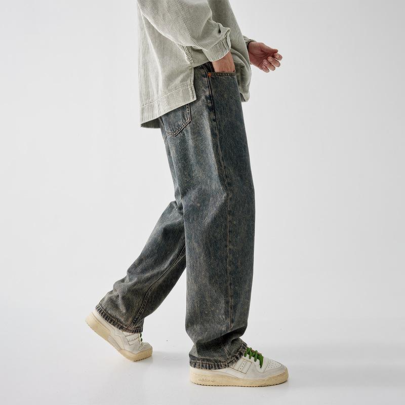 American Style Vintage Straight Jeans for Men's New High Street Wide-leg Trousers