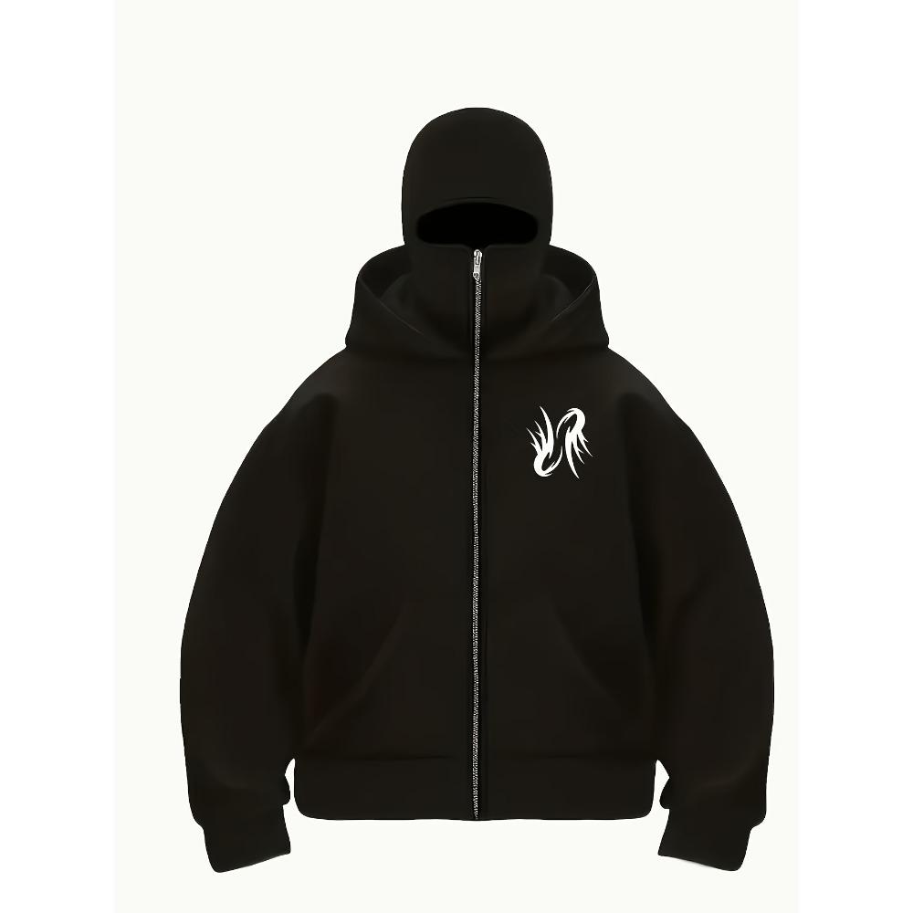 

Мужская повседневная толстовка с капюшоном и уникальным принтом пламени - Свободный крой, длинный рукав, пуловер на молнии для улицы S чёрный