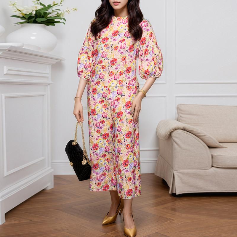 

ZANZEA Women 3/4 Sleeve Blouse and Pants Casual Floral Print Two Piece Sets M