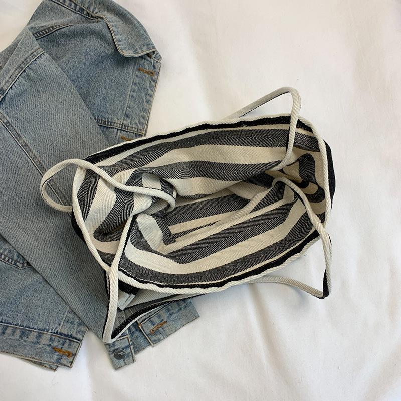Korean Ins Literary Striped Canvas Bag Tote Bag Casual Large Capacity Shoulder Bag Lazy Wind Shopping Bag Big Bag