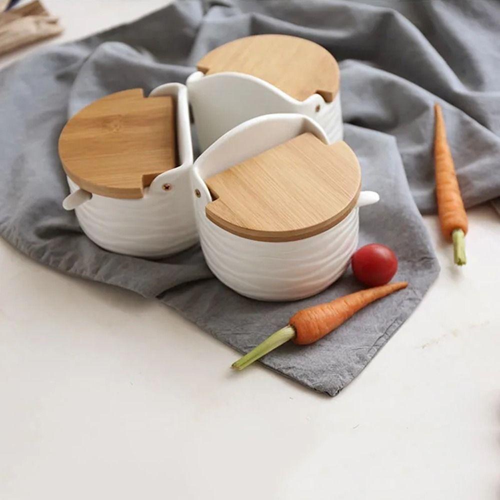 Serving Spoon Spices Storage Box Bamboo Lid Kitchen Condiment Container  Sugar