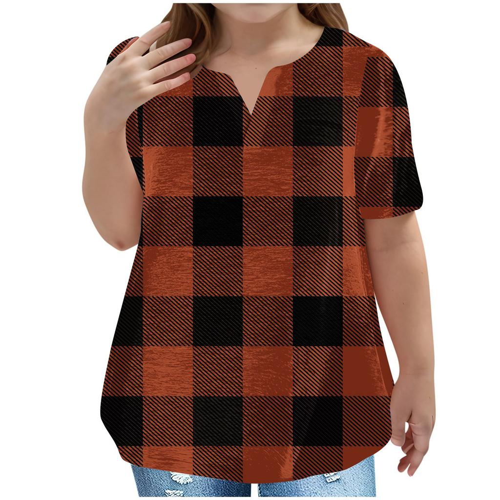 Children's Plus-size T-shirt Casual Fashion Plaid V-neck Short-sleeved Pocket Top