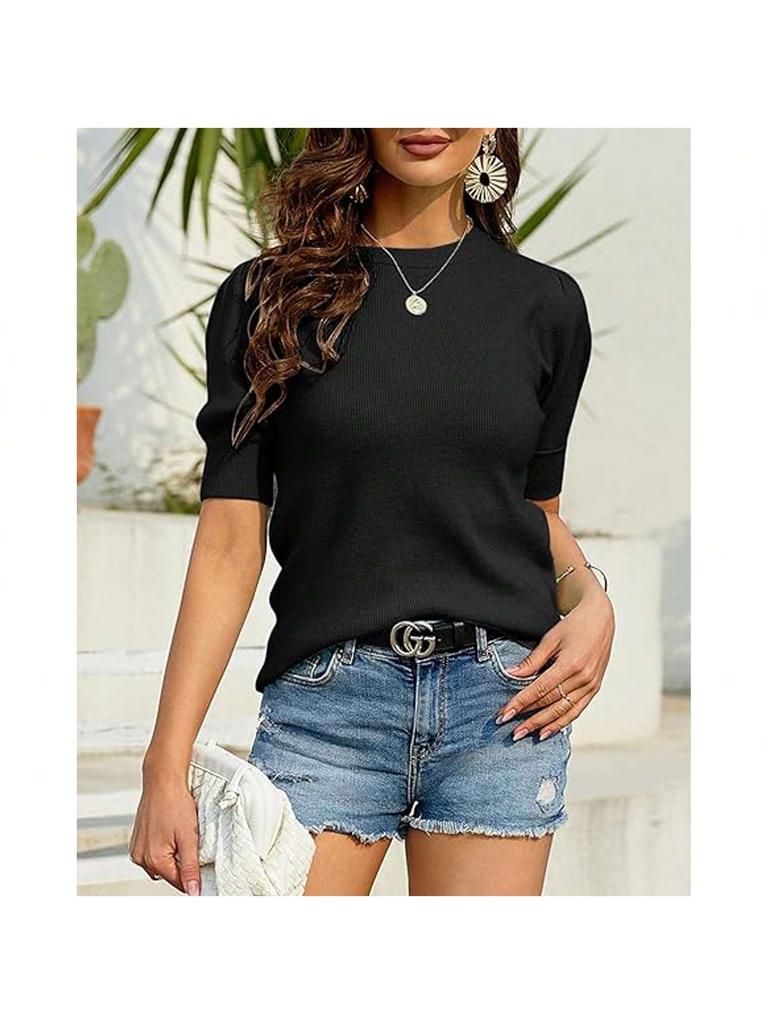 Women's Puff Short Sleeve Knit Sweater Crew Neck Lightweight Pullover Blouse Top