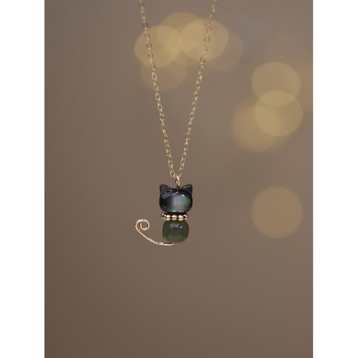 Lazy Cat Natural Hetian Jade Niche Freshwater Pearl Necklace14K Gold-plated necklace, collarbone chain for women, light luxury style