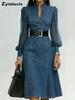 New Summer Long Sleeve High Neck Ruched Slim Fit Denim Maxi Dress