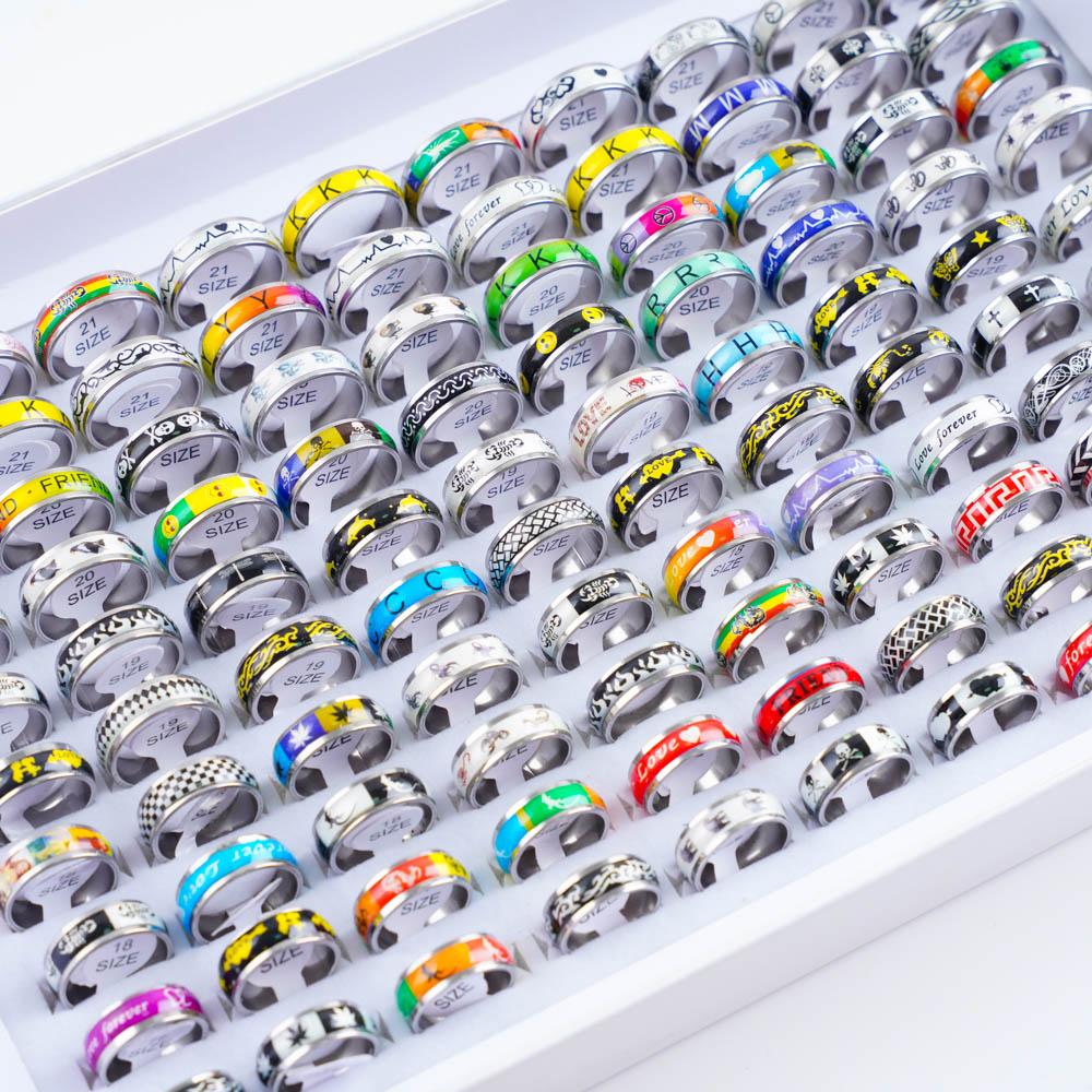 10/20/30/50Pcs Classic Fashion Stripe Hollow Colorful Sticker Stainless Steel Ring Trend Women Jewelry Party Decoration Gift