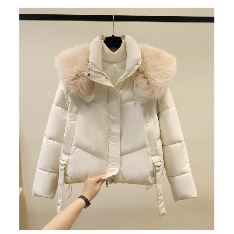 Womens Loose Fit Thick Padded Coat With Faux Fur Collar Short Winter Warm Slimming Cotton Jacket