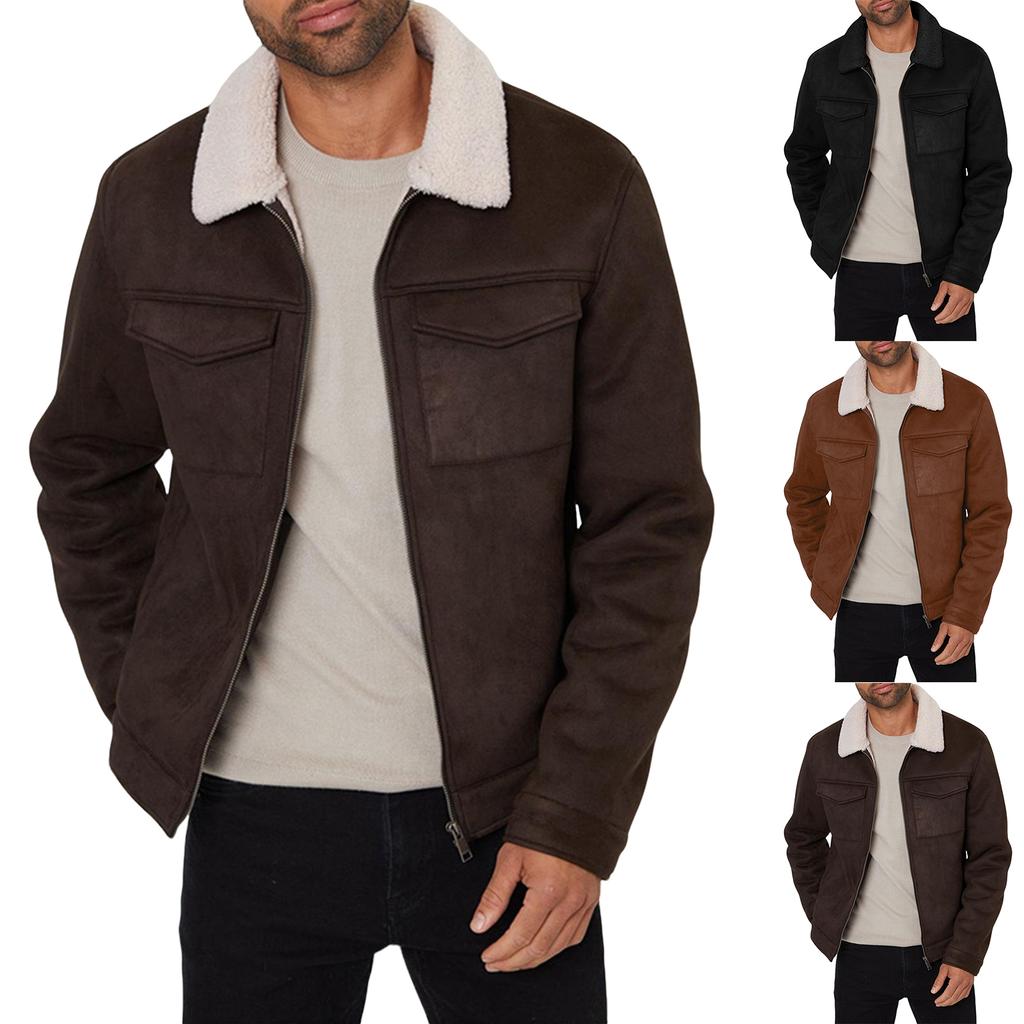 Mens Shearling  Coats Winter Faux Leather Suede Jackets Vintage  Lined Fleece Overcoats