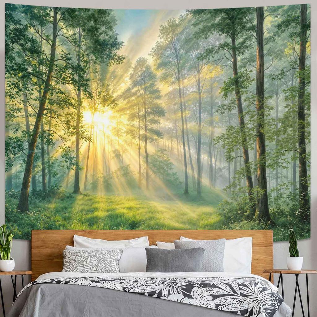 Misty Forest Tapestry, Serene Pine Trees With Sunbeams And Snowy Mountain Wall Art For Nature Lovers And Calm Room Decor