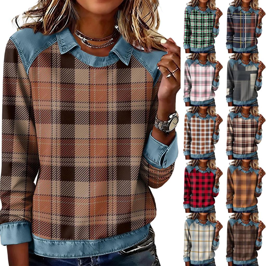 Damenmode Ausgestelltes Langarm Denim Patchwork Sweatshirt Mit Aufdruck Lässiger Pullover Top