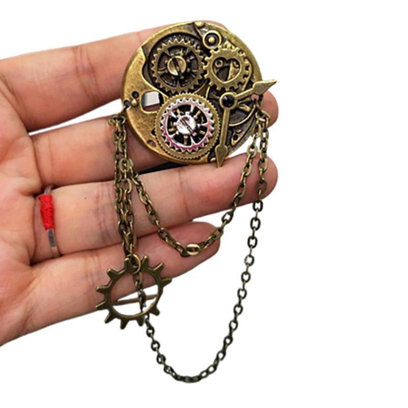 [HF]Hot 1Pc Retro Steampunk Gear Brooches Gear Tassel Chain Lapel Pins Men Shirt Suit Badge Jewelry Accessories