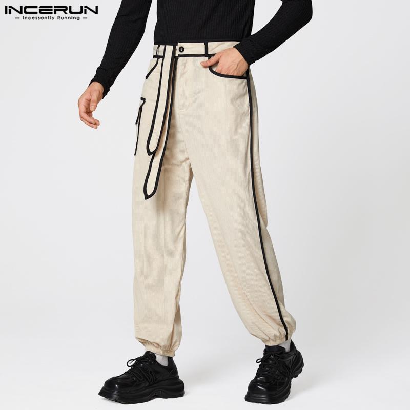 INCERUN Autumn Men Casual Zip-up Waist Stitching Lace-up Corduroy Long Harem Pants Trousers 