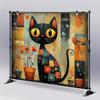 2D Retro Folk Art Cat Tapestry, Whimsical Black Cat with Floral Pots Scene Backdrop for Bohemian Spaces