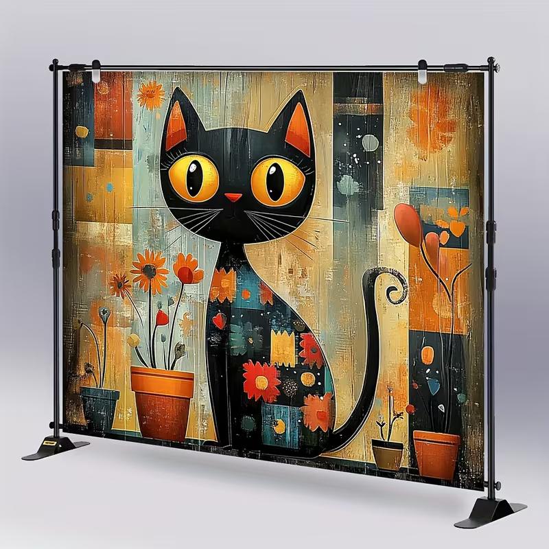 2D Retro Folk Art Cat Tapestry, Whimsical Black Cat with Floral Pots Scene Backdrop for Bohemian Spaces