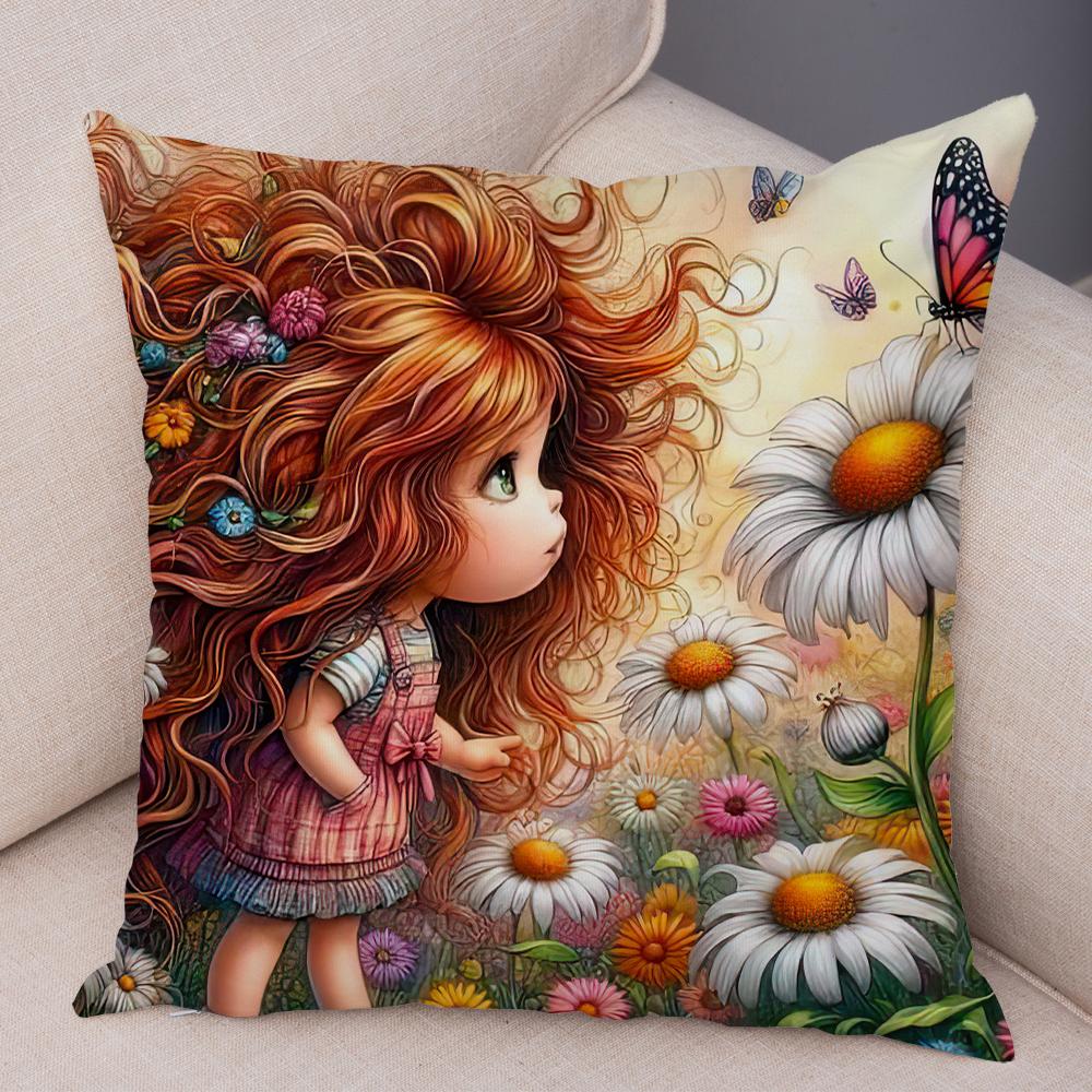 Double Print Cute Cartoon Explosive Hairstyle Cushion Cover Pillowcase Decor for Sofa Home  Super Soft Plush Pillow Case