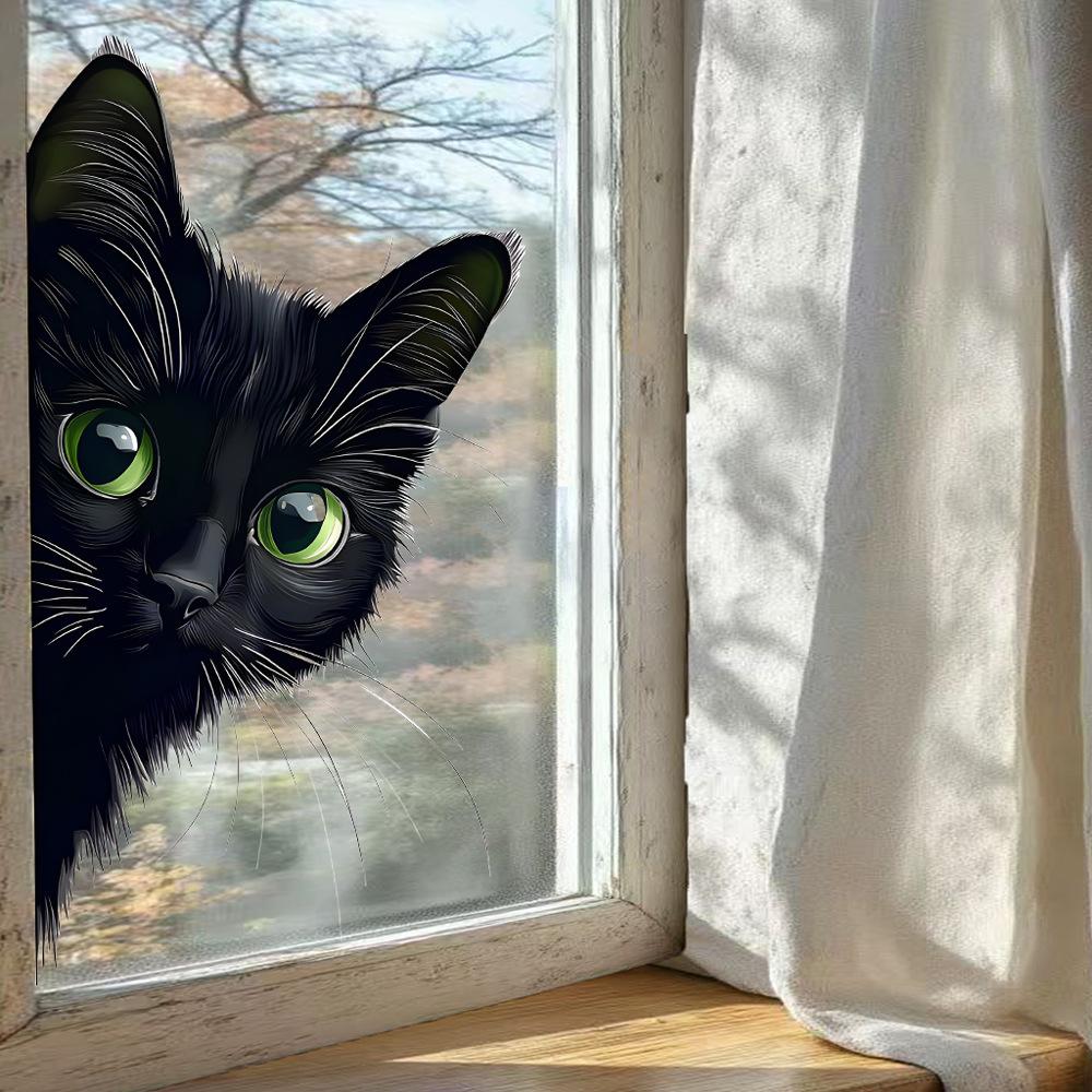 Cartoon Schwarze Katze Statisch Haftend Fensteraufkleber Abnehmbar Selbstklebend für Balkon Schlafzimmer Glas Heimdeko Kunst