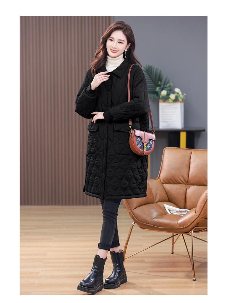 Women's Retro Argyle Cotton Mid-Length Winter Coat - Loose Casual Lapel Jacket