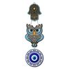 Owl & Evil Eye Wall Hanging, Handmade Wooden Art, Blue - 18 X 6.5 Inch