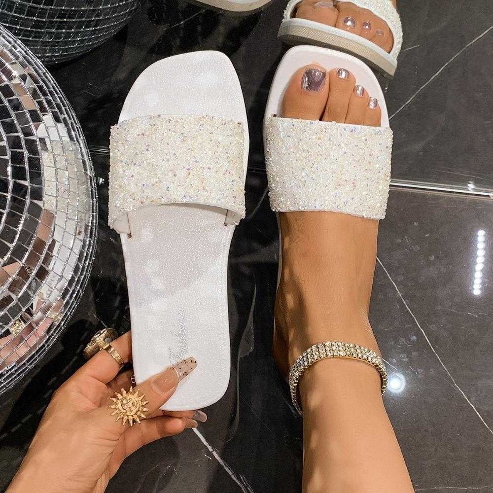 Ciabatte a Fondo Piatto da Donna Nuovo Stile 2026 Moda Strass Calzature da Esterno Antiscivolo Fondo Morbido Ciabatte da Spiaggia a Una Fascia