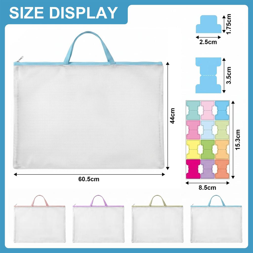 A2 Zipper File Bags Mesh Portfolio Art Supply Bag Water Proof Plastic Folder with Handle for Posters Drawings School