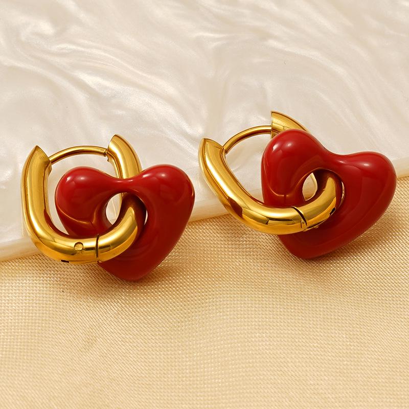European & American Retro Heart Earrings - Women's Enamel Glaze U-shaped Detachable Design.