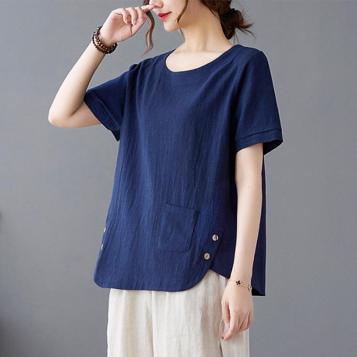 

Новая летняя футболка из искусственного хлопка и льна Fat MM большого размера, повседневная, простая, однотонная, с короткими рукавами, для женщин 4XL темно-синий