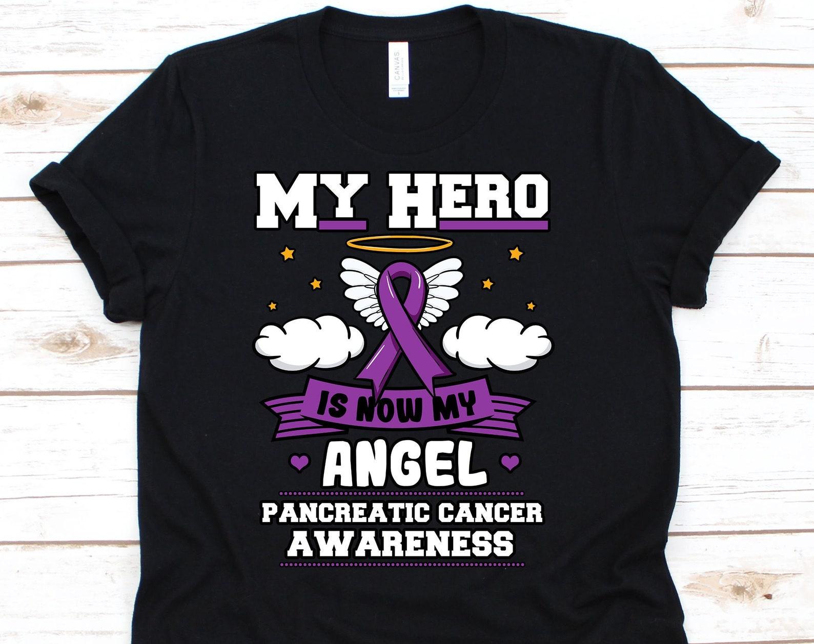 My Hero Is Now My Angel Shirt, Cancer Awareness Gift For Pancreatic Cancer Warrior Fighter Survivor, Pancreatic Cancer Ribbon Tshirt L