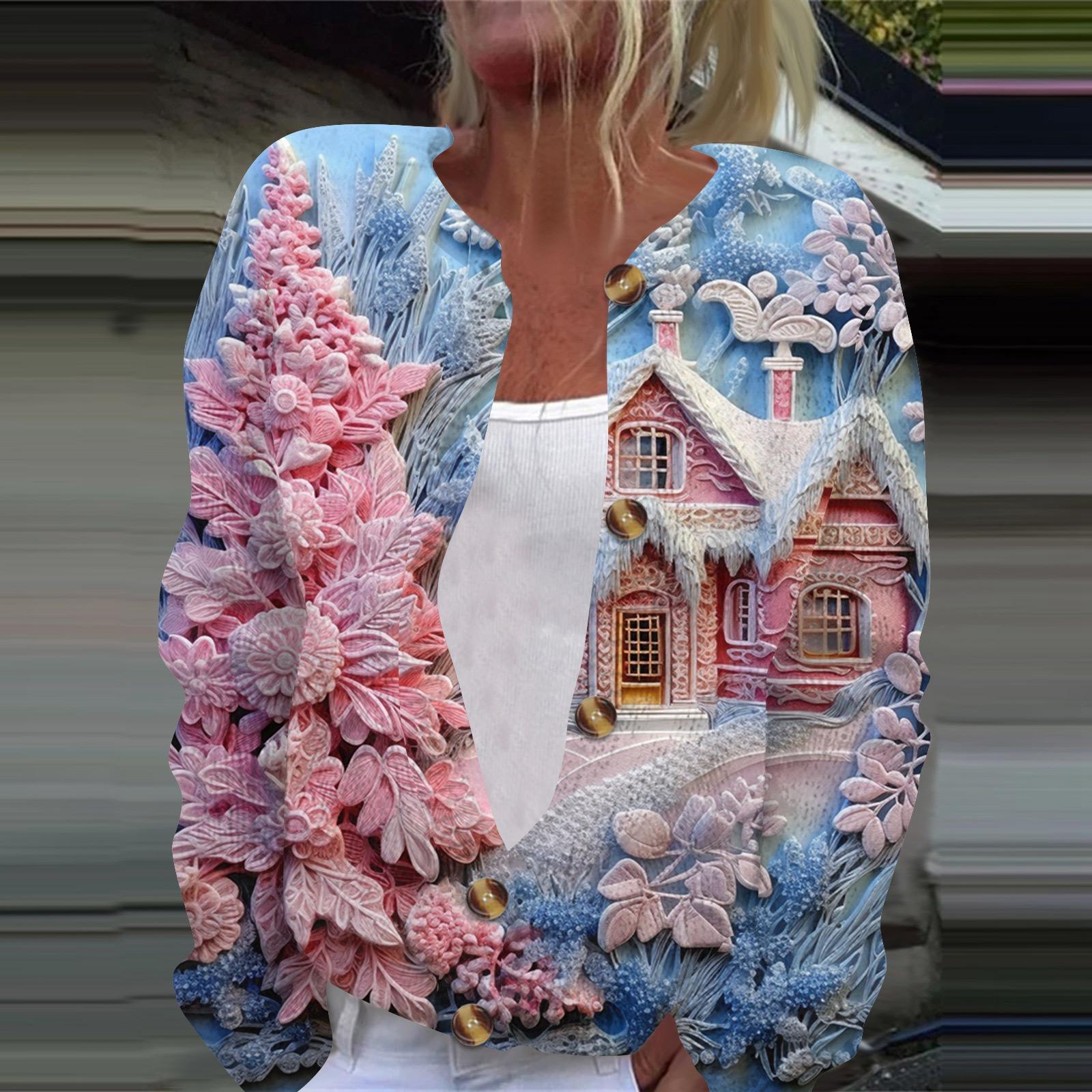 

Женская модная принтованная куртка с длинным рукавом и вязанным кардиганом на пуговицах XL светло-синий